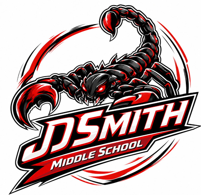 A stylized mascot logo featuring a black scorpion with red eyes and red accents, above the text 'JDSMITH MIDDLE SCHOOL' in bold white and red lettering on a black banner, all on a white background.